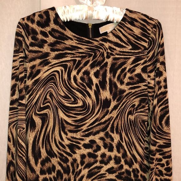 MK S Leopard Print Black Ivory Tan Long Sleeve Back Zip Jersey Shift Dress - Picture 3 of 14